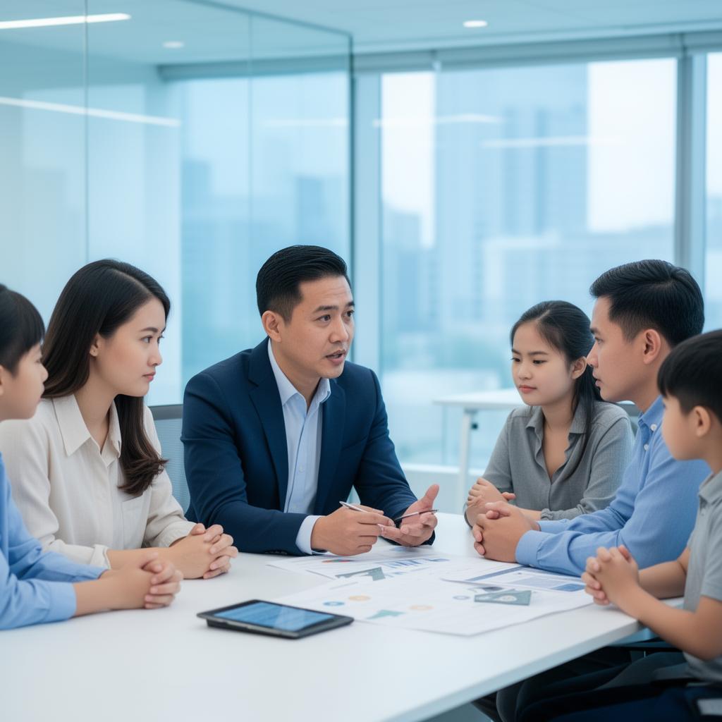 Filipino financial advisor consulting with a young family